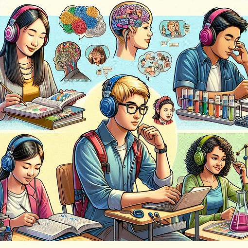 A colorful and engaging illustration depicting different study styles and methods, showcasing visual, auditory, and kinesthetic learning.