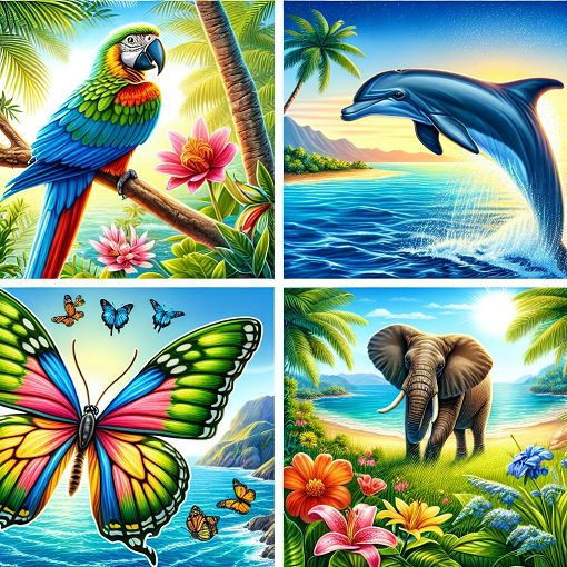 A vibrant illustration of various wildlife, featuring a parrot, dolphin, butterfly, and elephant in a lush natural environment