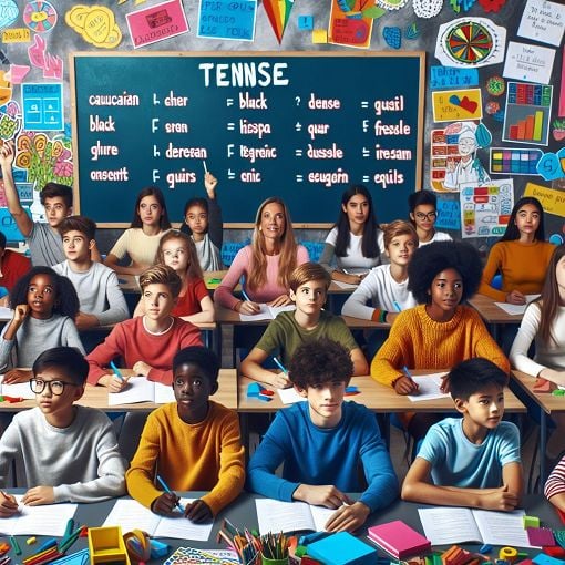 A vibrant classroom setting with a chalkboard displaying different English tenses, students engaging with a quiz, colorful educational materials scattered around.