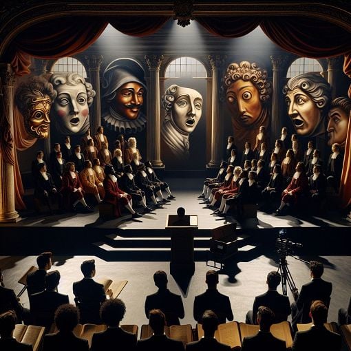 Create an artistic representation of a theater stage, with dramatic lighting, actors in various poses representing different roles, and elements symbolizing drama like masks and scripts.