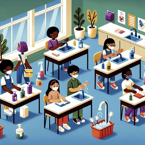 Generate an image of a clean and organized classroom with an emphasis on health and safety practices, including visible cleaning supplies and children engaging in safe activities.