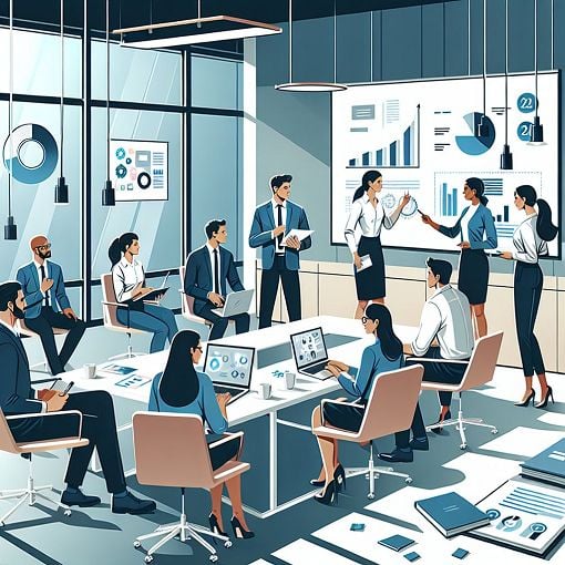 Create an image of a modern office environment with people engaging in a professional setting, showcasing teamwork and communication, with elements like a conference room, business cards, and charts.