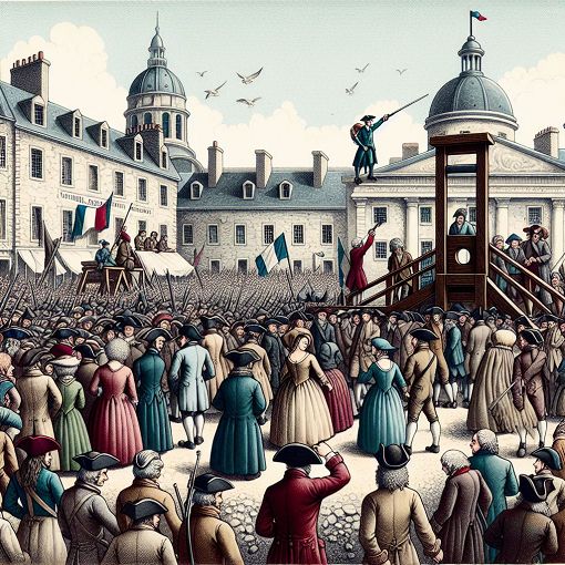 A detailed illustration depicting key events and figures from the French Revolution, featuring the National Assembly, the Bastille, and the guillotine, in a historically accurate style.