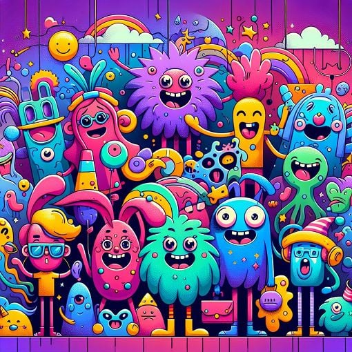 A vibrant, colorful illustration depicting various quirky characters from an animated universe, each representing different personality traits and relationship styles, in a whimsical setting.