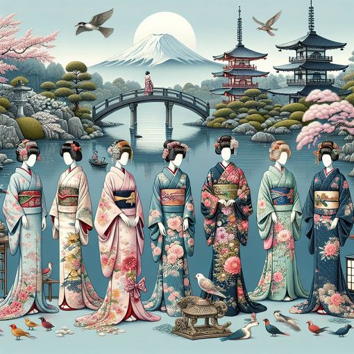 Create an image depicting a variety of traditional Japanese kimonos, showcasing their colors and styles, with elegant patterns and a serene backdrop of a Japanese garden.