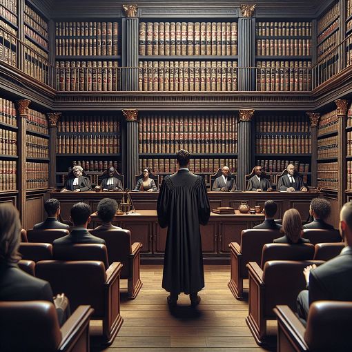 Create an image of a courtroom emphasizing the concept of Common Law, featuring a judge, a jury, and stacks of legal books, with an elegant and serious atmosphere.