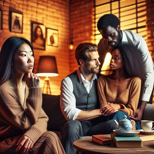 A person looking thoughtfully at a couple showing signs of control in their relationship, warm lighting and a cozy atmosphere