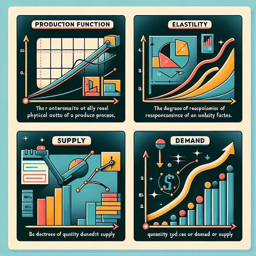 An educational illustration showing economic concepts like production fun<wbr>ctions, elasticity, and supply and demand graphs, in a clean and engaging style.