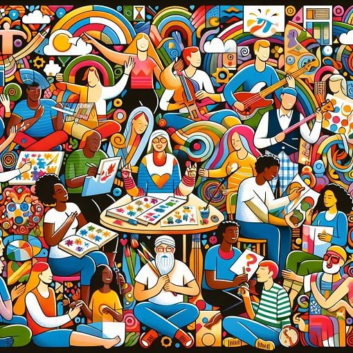 A colorful and engaging illustration showing a diverse group of autistic individuals in various activities, showcasing their unique talents and abilities, with a backdrop of inclusivity and acceptance.