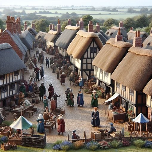 A historical illustration of England in the year 1485, showcasing a medieval village with thatched cottages, people in period dress, and historical landmarks.