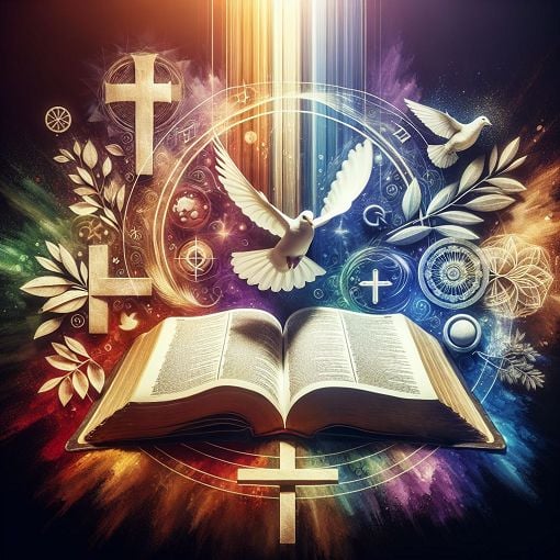 A colorful and artistic representation of open Bible pages with rays of light shining down, surrounded by biblical symbols like the cross, a dove, and olive branches.