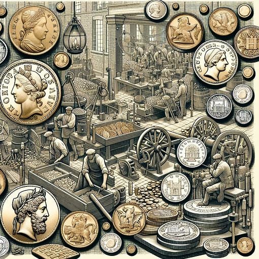 A detailed illustration of various ancient and modern coins with a backdrop of historic mints.