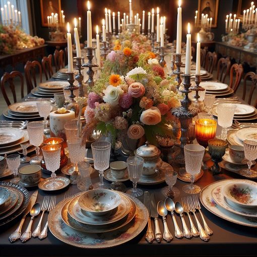 A beautifully set Victorian dining table with elegant dinnerware, candles, and flowers, showcasing the formal etiquette of the Victorian era.