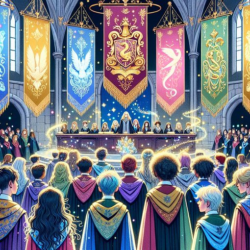 A fantasy-themed image depicting a magical school sorting ceremony, with intricate banners for various houses, students in robes with curious expressions, and sparkling magical elements in the air.