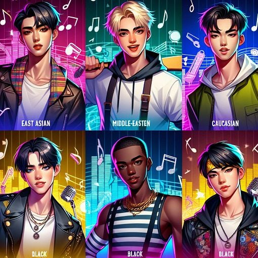 Create a vibrant, colorful illustration of five distinct characters representing the members of a K-pop boy band, showcasing their unique personalities and styles, set against a dynamic music-themed background, capturing the essence of youth and energy in a fun way.