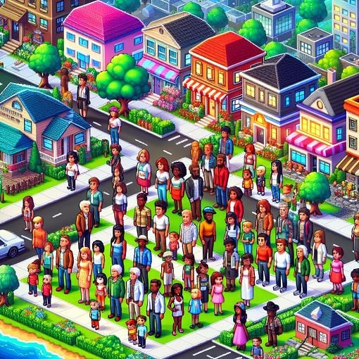 Create an illustration of a colorful and whimsical neighborhood from The Sims 2, showcasing various premade characters and iconic houses, with a blend of casual gaming elements.