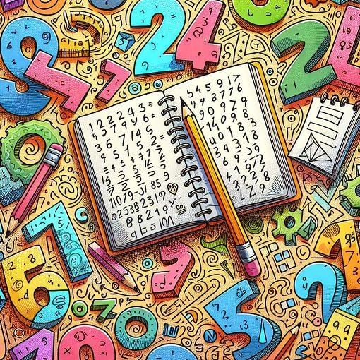 Create an image of a colorful math-themed background featuring numbers from 1 to 1000, educational symbols like a pencil and notebook, and playful illustrations that appeal to students and educators.