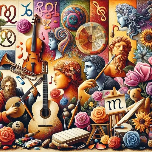 A vibrant and colorful collage featuring musical instruments, flowers, zodiac signs, and iconic Italian artists, styled in a playful and artistic manner.