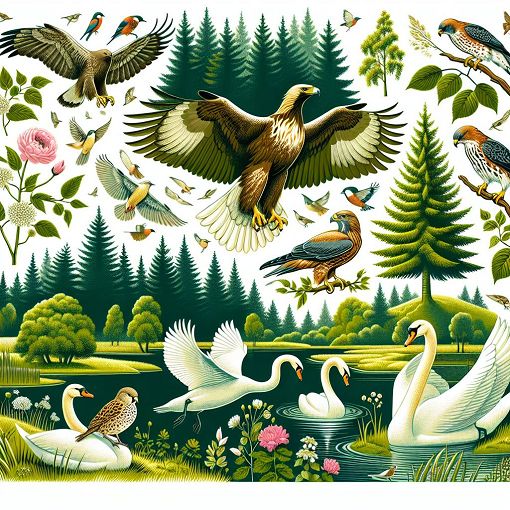 A vibrant illustration of various Lithuanian birds in their natural habitats, including swans, eagles, and sparrows, surrounded by lush greenery and elements of Lithuanian nature.