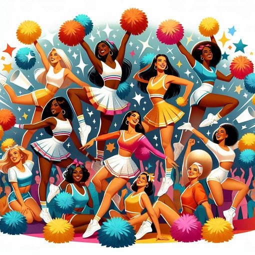 A vibrant and playful illustration featuring various cheerleaders in dynamic poses, surrounded by colors and cheer-related items like pom-poms, uniforms, and a cheering crowd, reflecting a fun and energetic spirit of cheerleading.