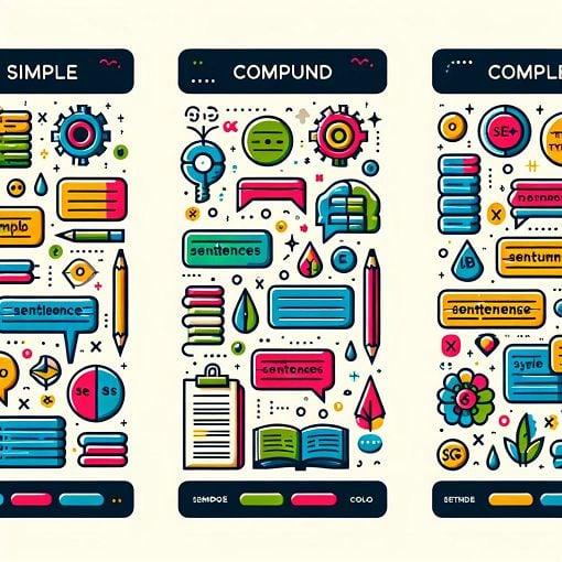 A visually informative image showing examples of simple, compound, and complex sentences, with illustrative graphics and engaging colors.