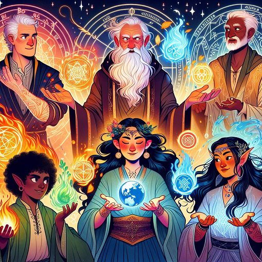 A whimsical illustration of diverse magical characters, each representing different traits and elements, set against a vibrant mystical background.