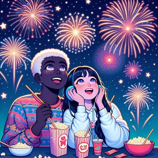 A vibrant illustration of two friends watching fireworks under a night sky, with elements that suggest camaraderie and special moments, inspired by K-pop culture.