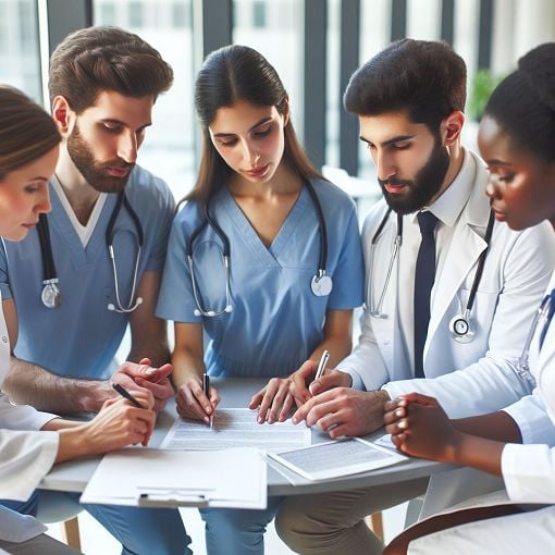 A beautiful healthcare team collaborating in a bright, modern hospital environment, with a focus on communication and care coordination, showcasing diverse professionals discussing patient care plans.