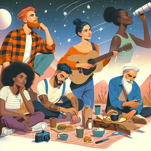 A colorful, whimsical illustration depicting a diverse group of friends engaging in various fun and relaxed activities, like stargazing, picnicking, and enjoying coffee, with pastel colors to evoke a warm, inviting atmosphere.