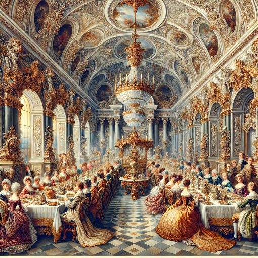 A royal palace setting featuring elegant costumes, a grand dining table, and an atmosphere of intrigue and competition, with beautiful gowns and prince charming vibes.