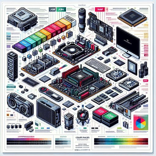 A visually appealing infographic showcasing various computer hardware components, image formats like JPEG and RAW, and color spaces such as RGB and CMYK, with a focus on digital imaging