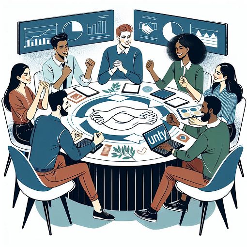 An illustration of a diverse team engaged in a productive meeting, brainstorming ideas and collaborating energetically around a table, with visual elements representing teamwork and unity.