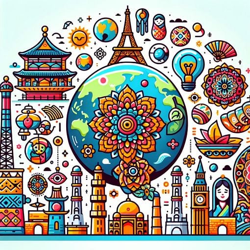 A visually engaging infographic illustrating the concept of globalization, featuring globes, international landmarks, and diverse cultural symbols.