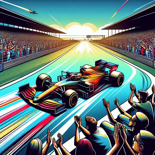 A vibrant and dynamic image of a Formula 1 racing car on a circuit, surrounded by cheering crowds, with a clear blue sky in the background.