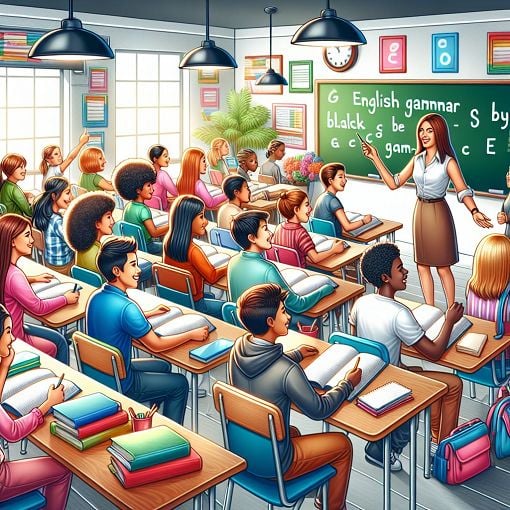 A colorful illustration showing a classroom scene with students engaging in learning, complete with books, a chalkboard, and a teacher guiding them in English grammar, bright and encouraging atmosphere.