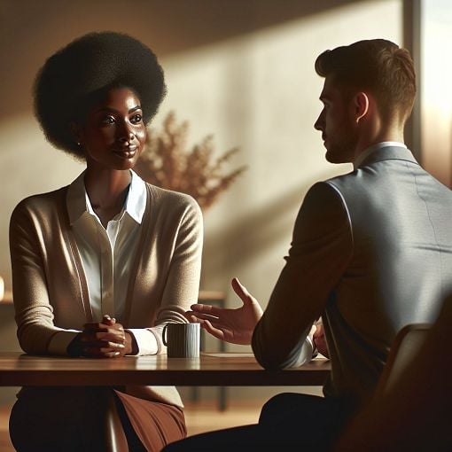 Create an image of two people in a discussion, showcasing different conflict management styles, with a calm and constructive atmosphere.