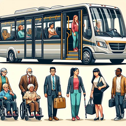 A detailed and colorful illustration of a minibus in a safe driving environment, highlighting safety features, passengers boarding, and a driver inspecting the vehicle. Focus on accessibility and care for passengers.