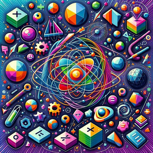 An educational illustration featuring geometric shapes, forces, and mathematical symbols, with a colorful and engaging background.