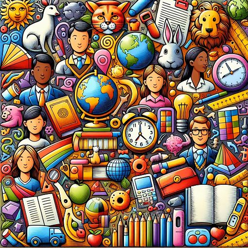 A whimsical illustration of various nouns like people, places, animals, and things in a colorful, educational context with books and school supplies in the background.