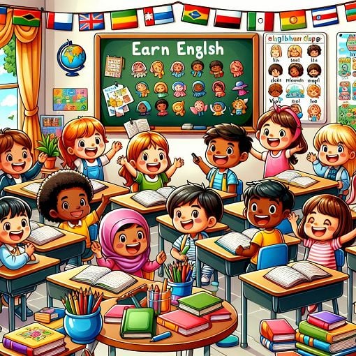 Create a colorful and educational scene depicting children happily engaged in learning English, with books and visual aids in a classroom setting.