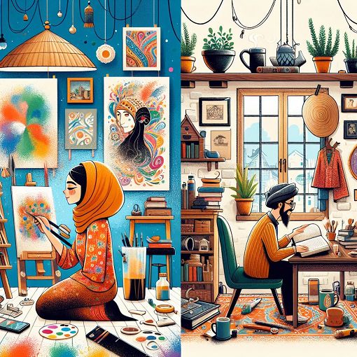 A whimsical and colorful illustration depicting a variety of characters in different living environments, such as a contemporary studio and a rustic cottage, with elements that reflect their personality traits