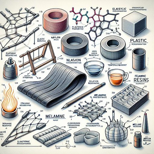 Create an educational illustration depicting various elastic and plastic materials, including examples like nylon and melamine resins, with diagrams showing their properties and applications in engineering and design.