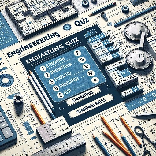 An educational engineering quiz themed image that includes elements related to estimation, engineering drawings, and standard rates in a modern design style.