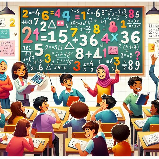 A colorful and educational illustration featuring numbers, math symbols, and cheerful students engaging with math problems in a classroom setting.