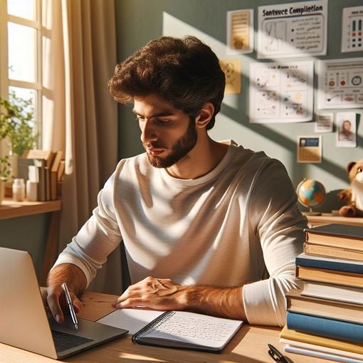 A person sitting at a desk surrounded by books, thoughtfully completing a sentence completion quiz on a laptop, with a notepad and pen nearby, bright and engaging study environment