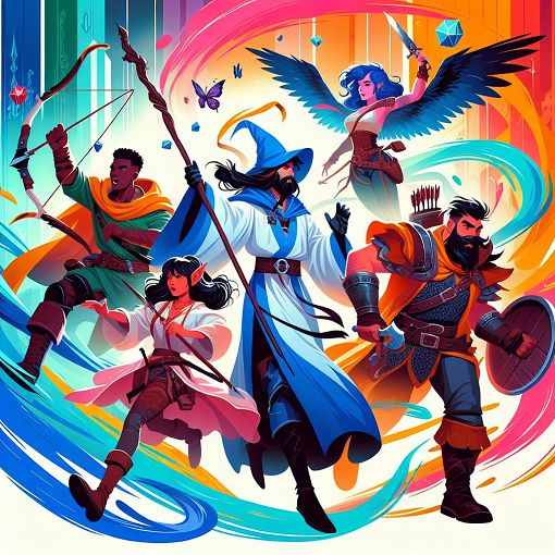 A colorful and engaging illustration of diverse roleplayers interacting in a virtual environment, showcasing traits like teamwork, friendship, and adventure.