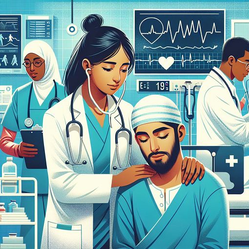 Create a vibrant and engaging image depicting a medical professional interacting with patients in an emergency room setting, with various healthcare elements such as stethoscopes, charts, and medical instruments in the background.