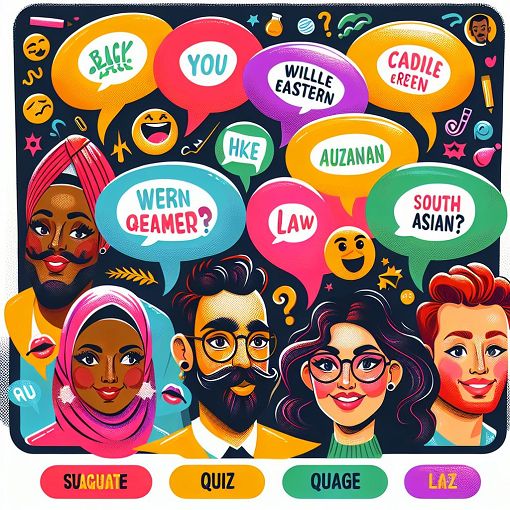 Create a colorful and engaging quiz-themed image featuring speech bubbles with quirky quotes and names from a diverse group of characters, set against a vibrant background.