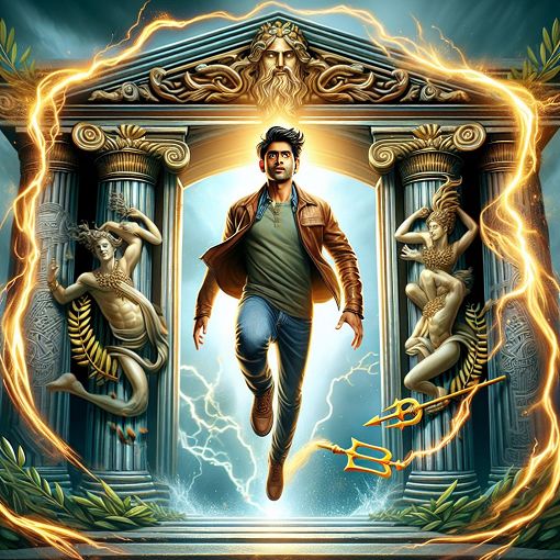 A vibrant and adventurous illustration of a young hero standing at the entrance of a mythical Greek temple, with iconic symbols like lightning, a trident, and olive branches surrounding them, capturing the essence of adventure and mythology.