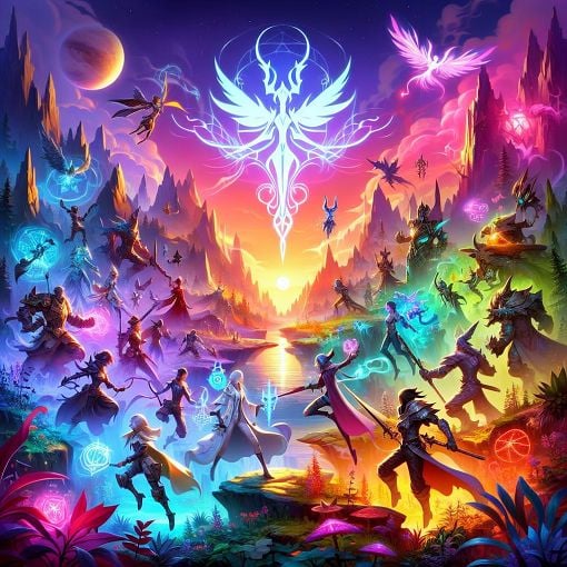 A vibrant and colorful illustration featuring iconic League of Legends champions in a fantasy battle setting, with a mystical landscape in the background.